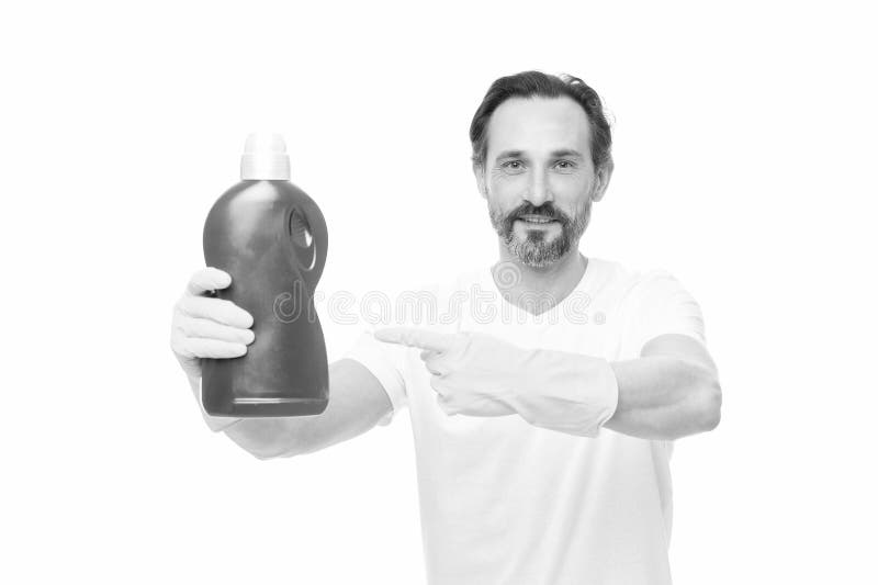 Man Pointing Finger on Laundry Detergent Isolated on White. Man with