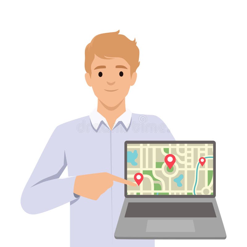 Man pointing to a laptop screen displaying a map with multiple location pins stock illustration