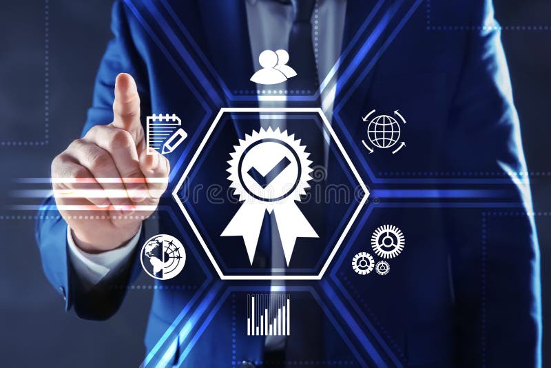 Man pointing at virtual screen with different icons, closeup stock photo