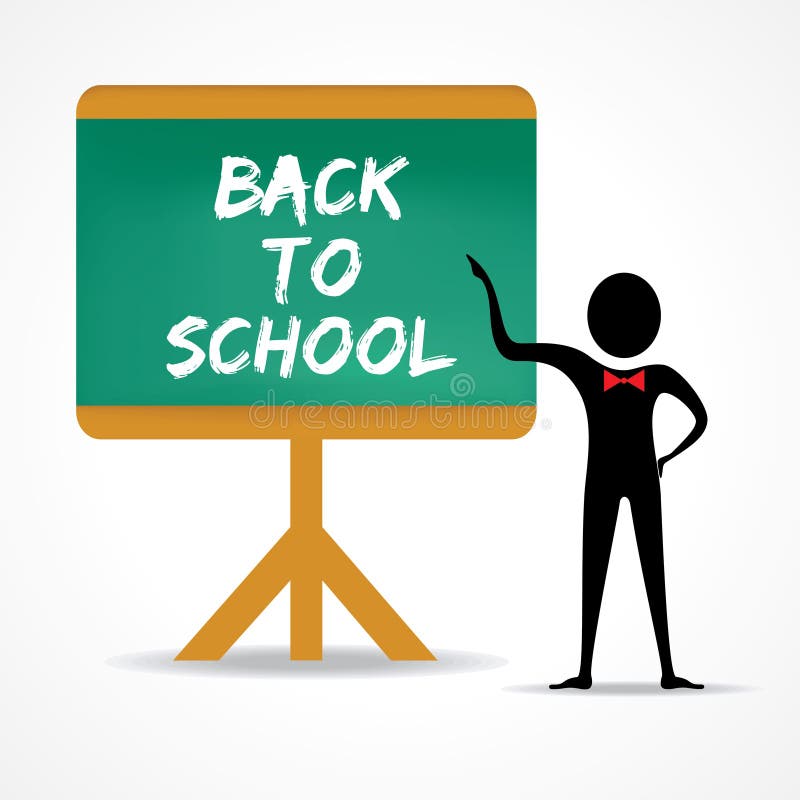Man points to back to school word on green board stock illustration