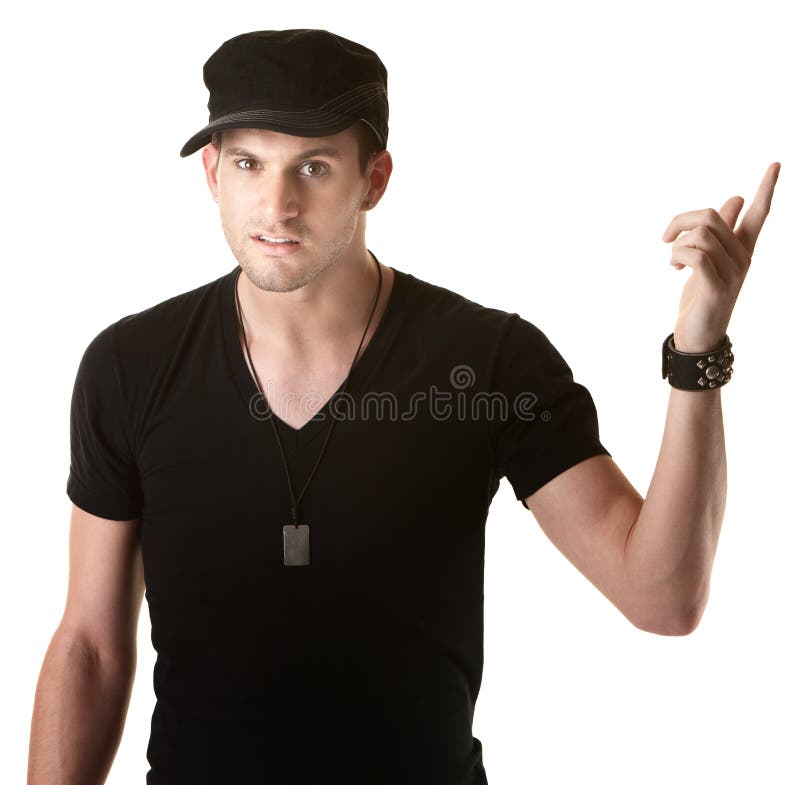 Young man over white background points index finger upward. Young man over white background points index finger upward