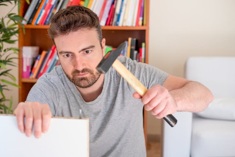Man Portrait and Do it Yourself Furniture Assembly Stock Image Image