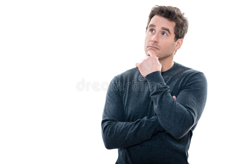 Man portrait thinking anxious looking up stock photo