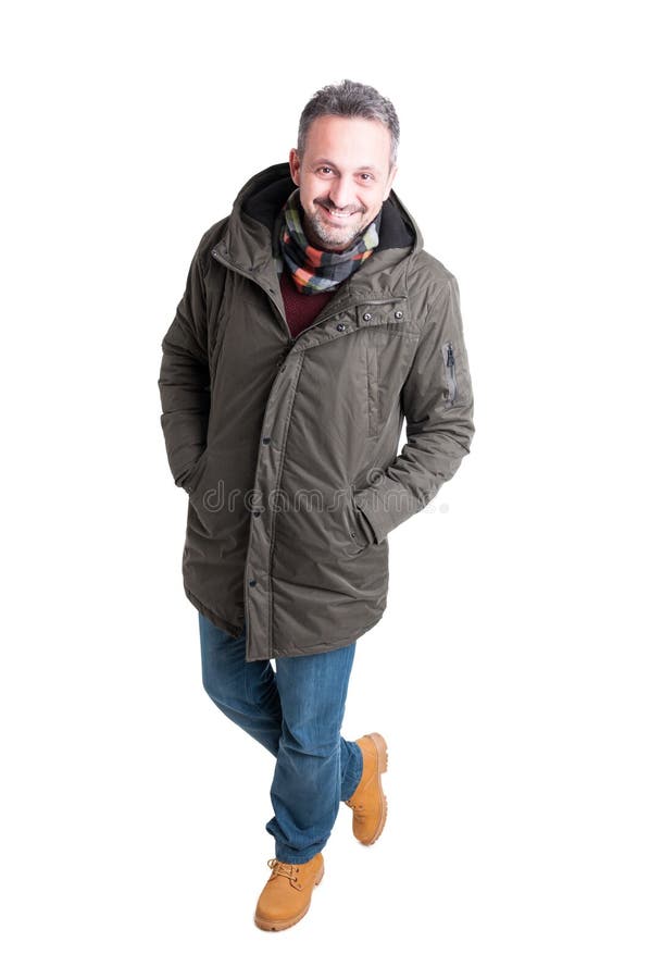 Man posing walking in winter casual clothes