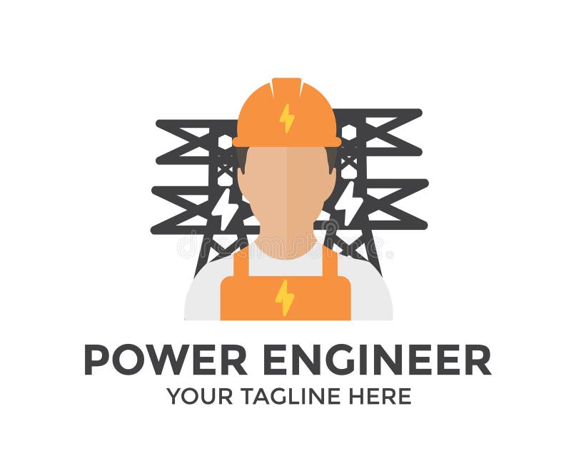 A man power engineer in helmet inspects power line logo design. Person Profile, Avatar Symbol, Male people icon. stock illustration