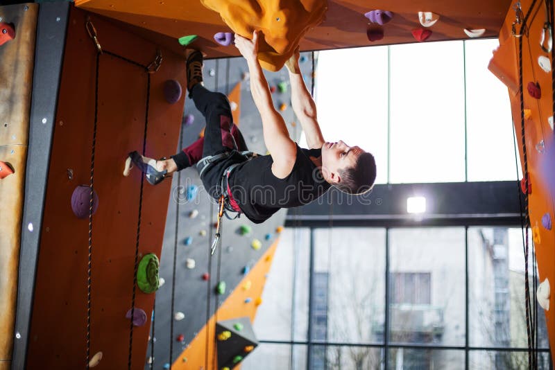 Man Practicing Top Rope Climbing in Climbing Gym Stock Photo Image of