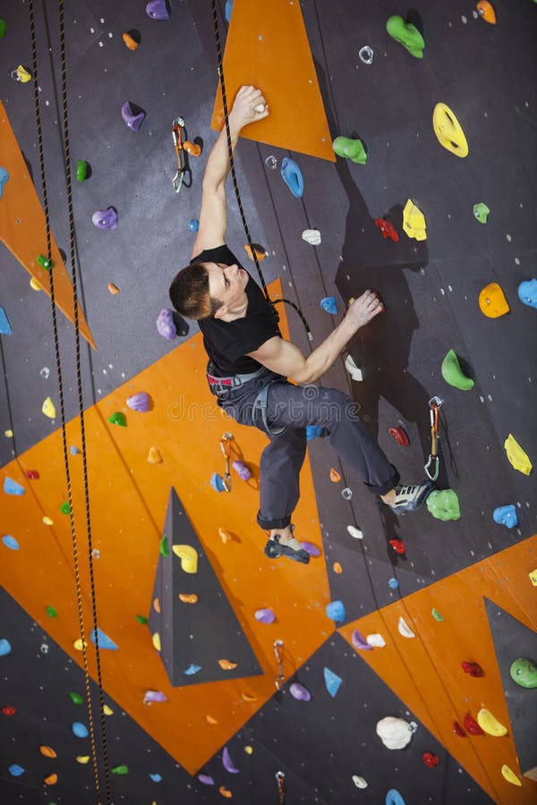 Man Practicing Top Rope Climbing in Climbing Gym Stock Image Image of