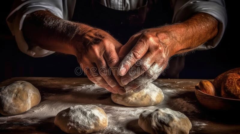 Man preparing bread dough on wooden table in a bakery