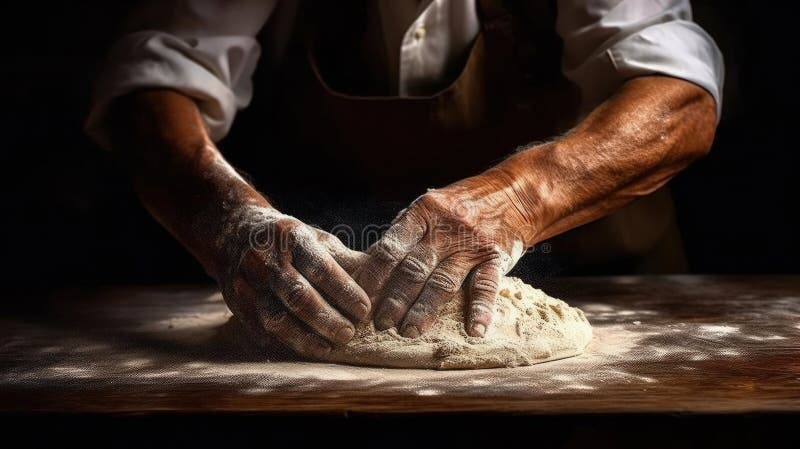 Man preparing bread dough on wooden table in a bakery