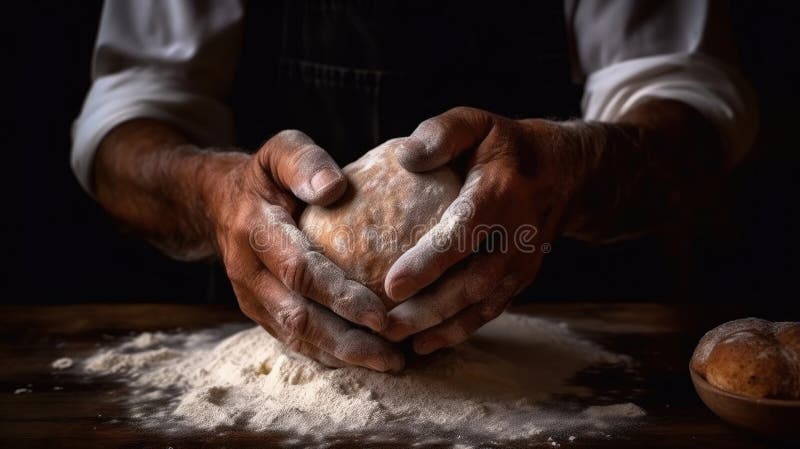 Man preparing bread dough on wooden table in a bakery