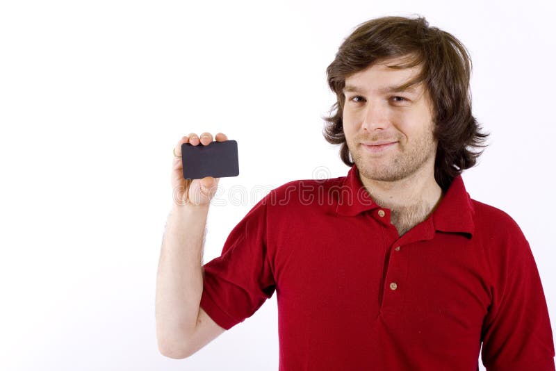 Man presenting a blank card