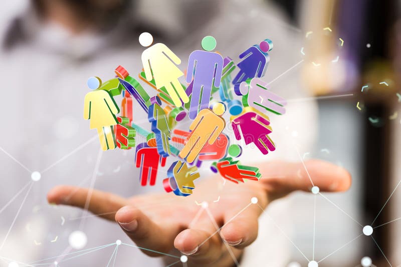 Man Presenting 3D Rendered People Icons Above His Palm Concept of