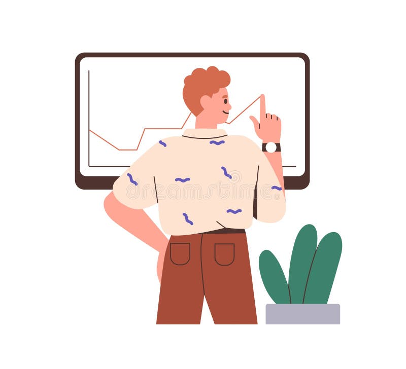 Man presenting graph with positive trend, growth, success in business. Male at presentation board with progress data, information stock illustration