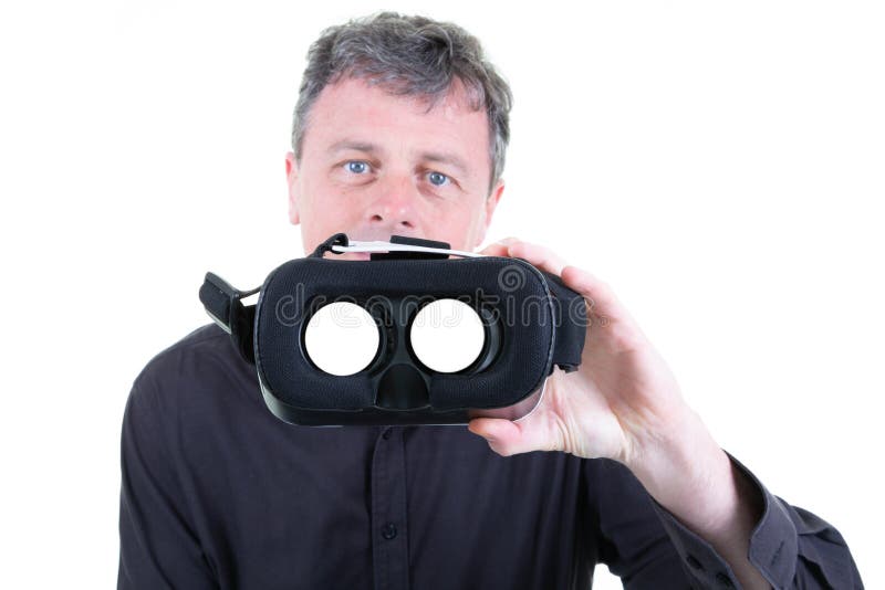Man Presenting Virtual Reality Goggles Helmet Headset in Hands Stock Photo Image of display