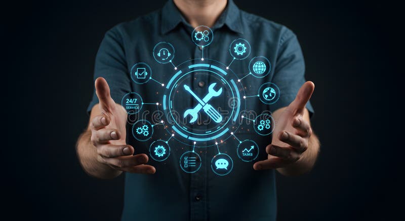 It support services man holding digital icons representing technical assistance and maintenance 99 royalty free illustration.