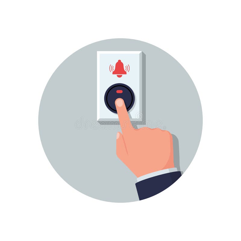 The man presses the call button. Flat icon. The button is isolated on a brick wall stock illustration