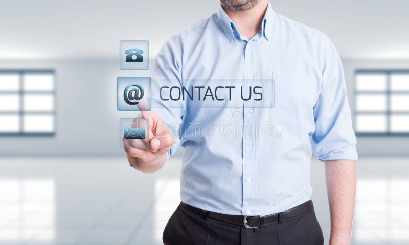 Man pressing contact us button on transparent touch screen. Business man pressing contact us button on transparent touch screen. Support, assistance or feedback royalty free stock photography Man pressing contact us button on transparent touch screen. Business man pressing contact us button on transparent touch screen. Support, assistance or feedback royalty free stock photography