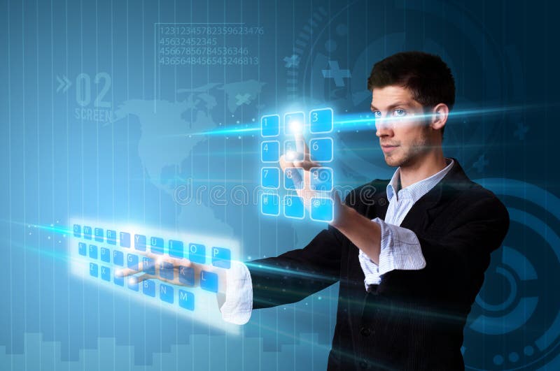 Man pressing modern touch screen buttons with a blue technology background. Man pressing modern touch screen buttons with a blue technology background
