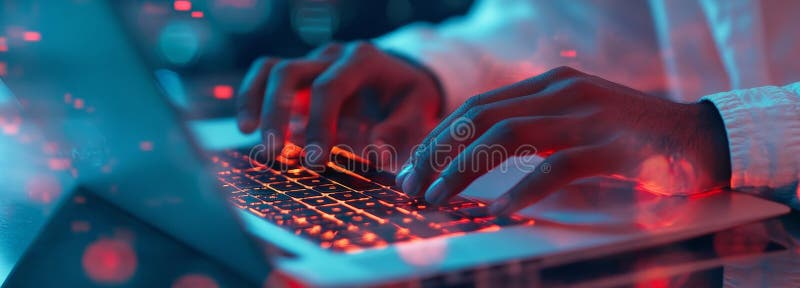The man is programming on a laptop for big data management, programming on a futuristic virtual interface, data mining stock photography
