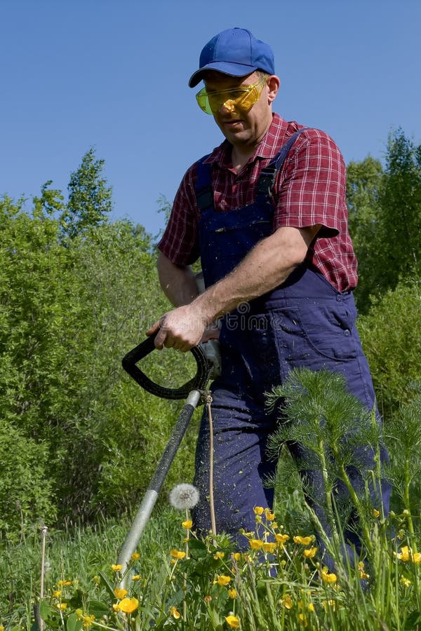 A Man in Protective Glasses Mows the Grass with a Lawn Mower. Cutting ...