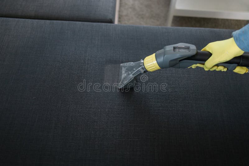 Man in Protective Rubber Glove Cleaning Sofa with Professionally