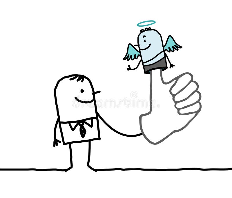 Man with puppet angel on finger vector illustration
