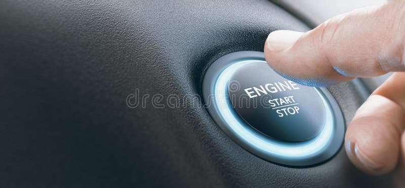 Man Pushing A Car Engine Start Push Button, Ignition Switch vector illustration
