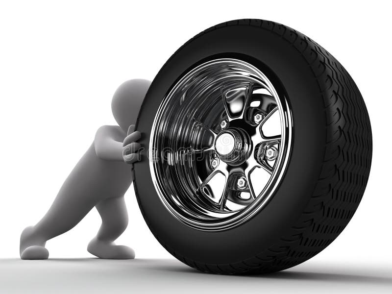Man pushing Car Wheel stock illustration