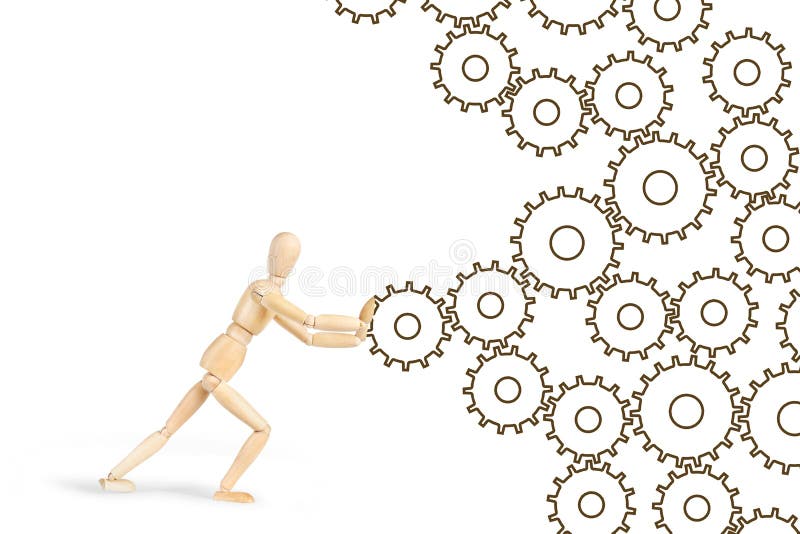 Man pushing the cogwheels to make mechanism working royalty free stock image Man pushing the cogwheels to make mechanism working royalty free stock image