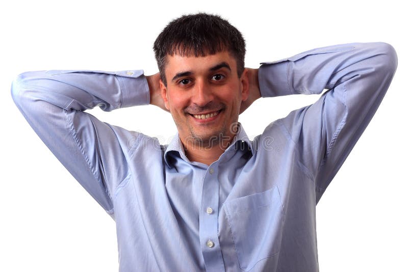 Man put hands behind head stock photo. Image of 35153612