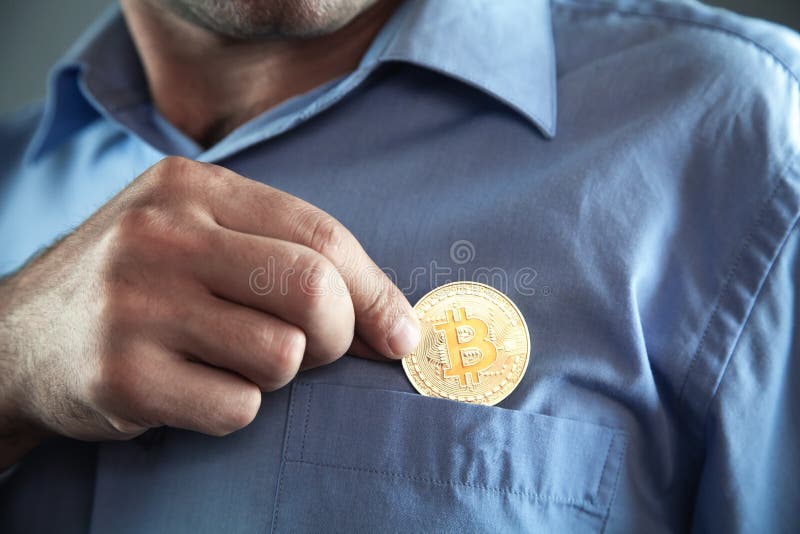 Man Putting Bitcoin in Shirt Pocket. Stock Image - Image of symbol ...