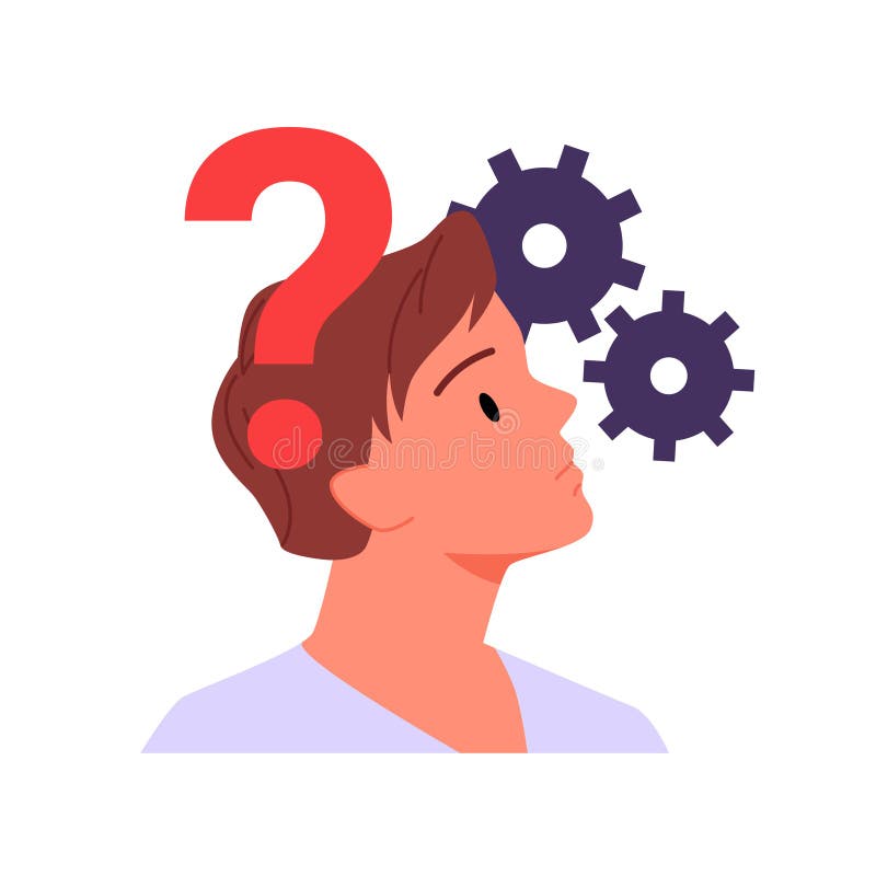 Man with question mark and gears above head, portrait of curious person in doubt vector illustration