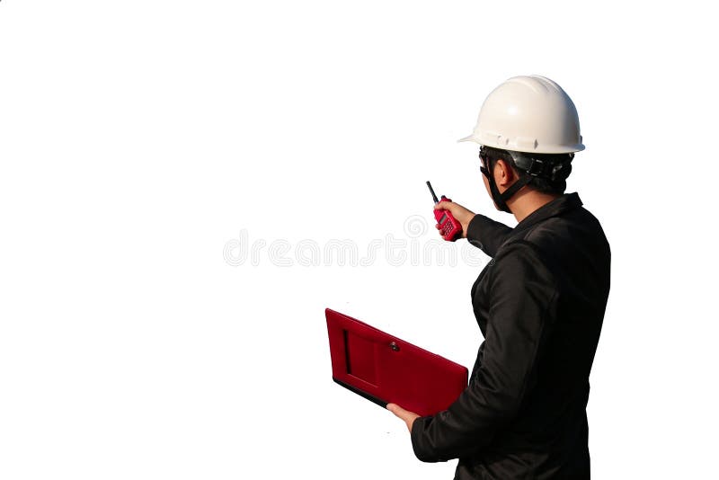 Man with radio walkie talkie file clipping path