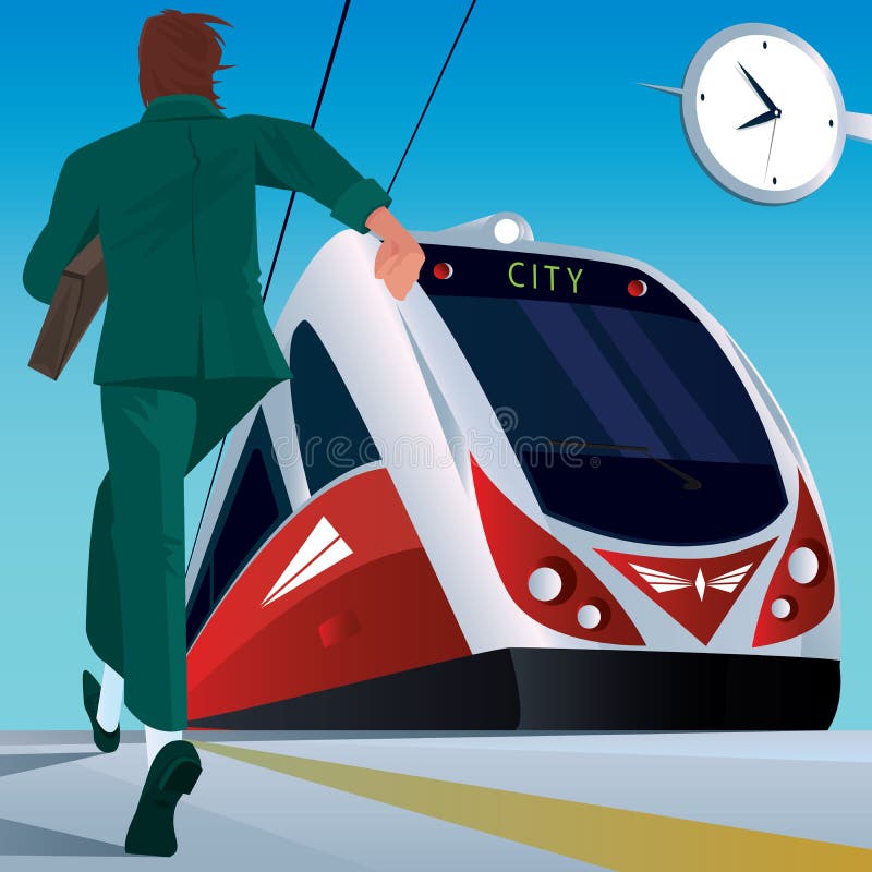 Man at the railway station running to the train royalty free illustration