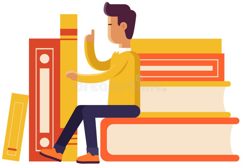 Man Reader Sitting on Stack of Textbooks. Creative Job or Studying