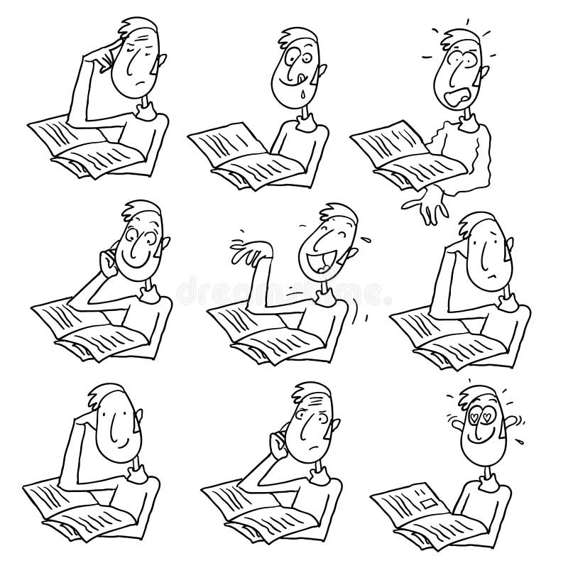 Man reading cartoon character with different facial expressions. white and black vector outline drawing. Man reading magazine vectors