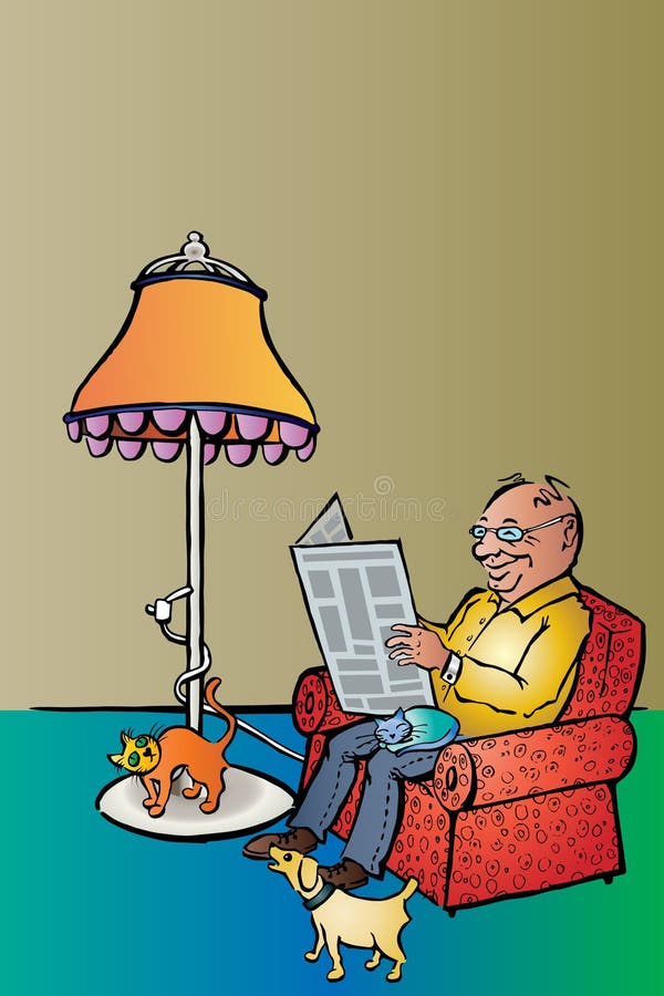 Man Reading News with Cats and Dog Stock Vector Illustration of cats