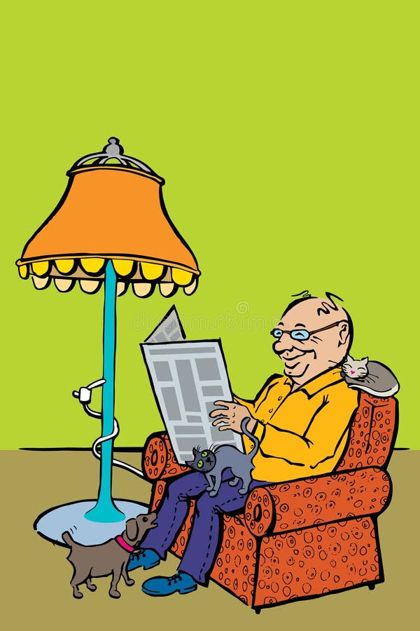 Man Reading News with Cats and Dog Stock Vector Illustration of