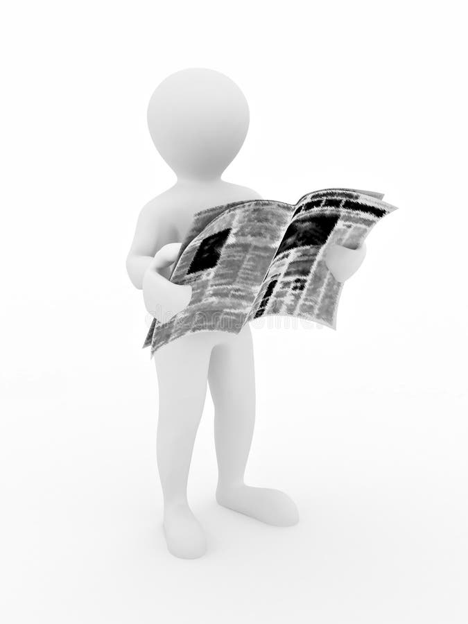Man reading newspaper on white isolated background. 3d. Man reading magazine illustrations