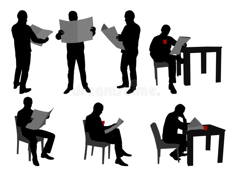 Silhouettes of man reading newspapers. Man reading magazine vectors