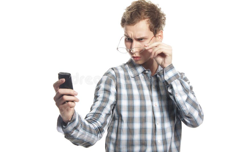 Man reading sms on his phone over white