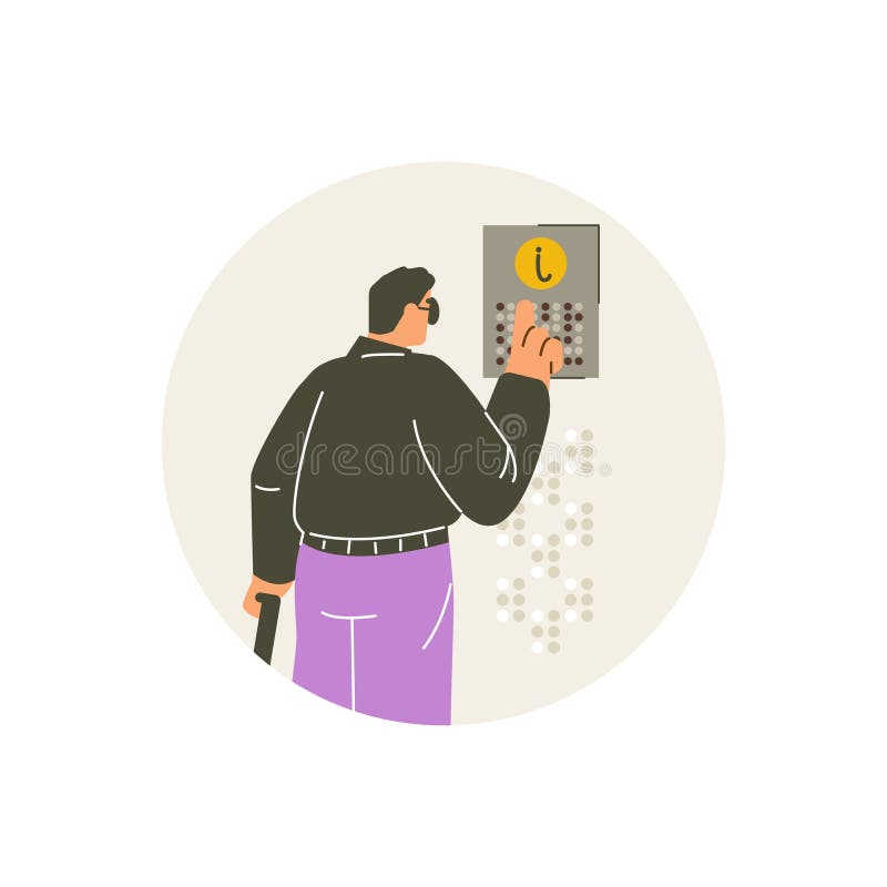 Man reading text on the pointer board, finger drives on braille font points, Braille language for blind vector in round stock illustration