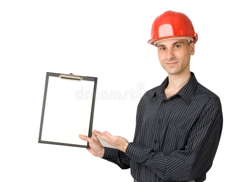 Man in a red building helmet