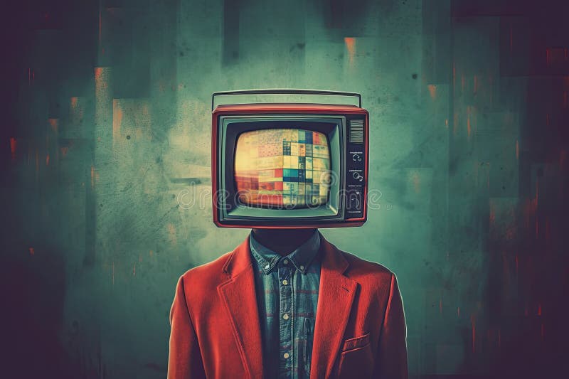 A Man in a Red Jacket with a Television Head, in the Style of the 1970s