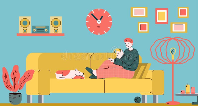 Man relaxing on home sofa with cup of tea and sleeping dog - cozy living room interior