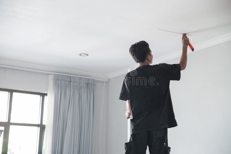 Man Repair The Broken Ceiling Stock Image Image Of Adult Repair