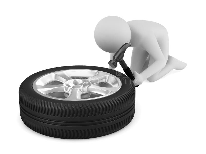 Man repairs wheel. Isolated 3D stock illustration