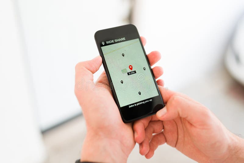 Man Requesting a Driver on a Ride Share App Stock Photo Image of