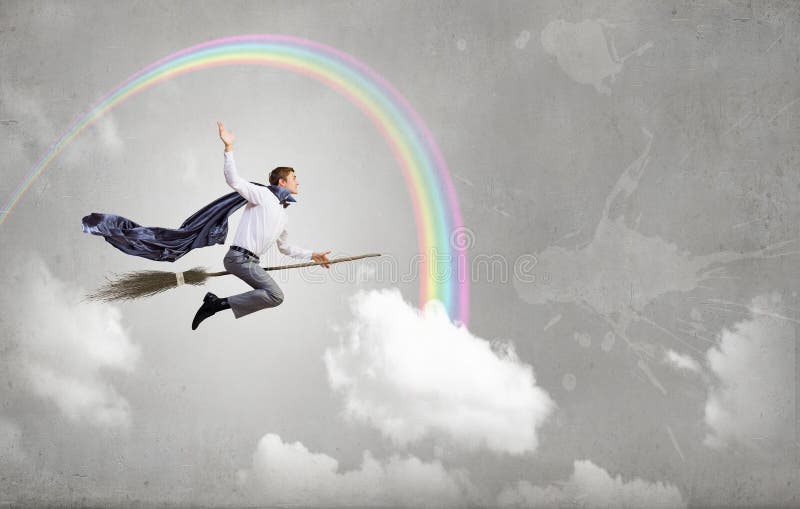 Man ride broom stock image. Image of transport, super 57446049