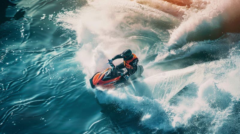 A man is skillfully riding a jet ski on top of a large wave in the ocean, showcasing his water sports expertise. AI generated. A man is skillfully riding a jet ski on top of a large wave in the ocean, showcasing his water sports expertise. AI generated